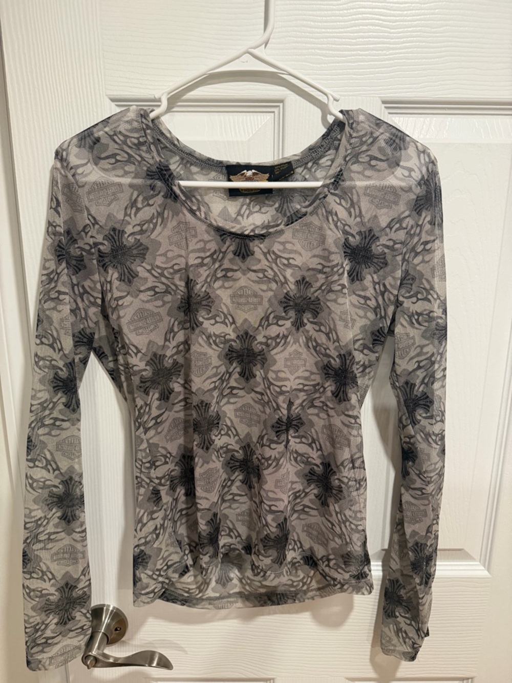 🔥Vintage Harley-Davidson Sheer Mesh Long Sleeve Top Y2K  Logo Print Size L🔥